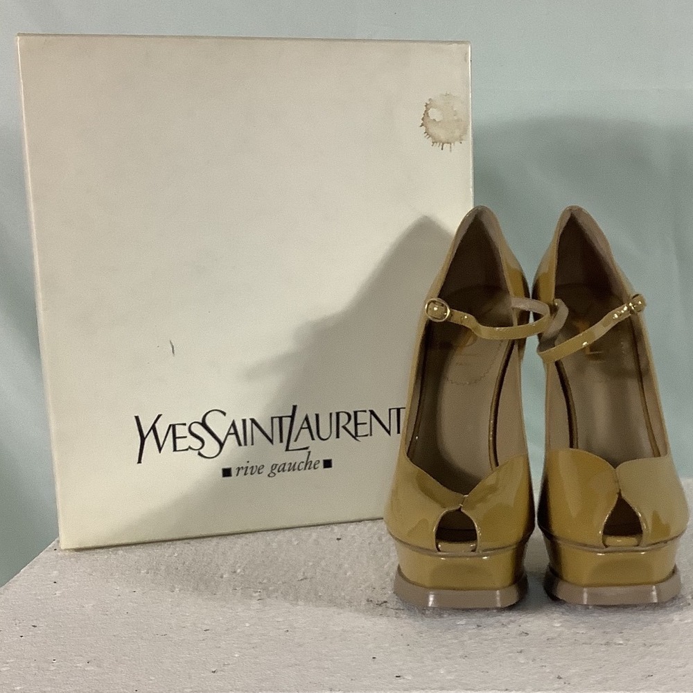 Yves Saint Laurent Tribute 105 Pump Sable Patent Leather Platform Heel 38 178561